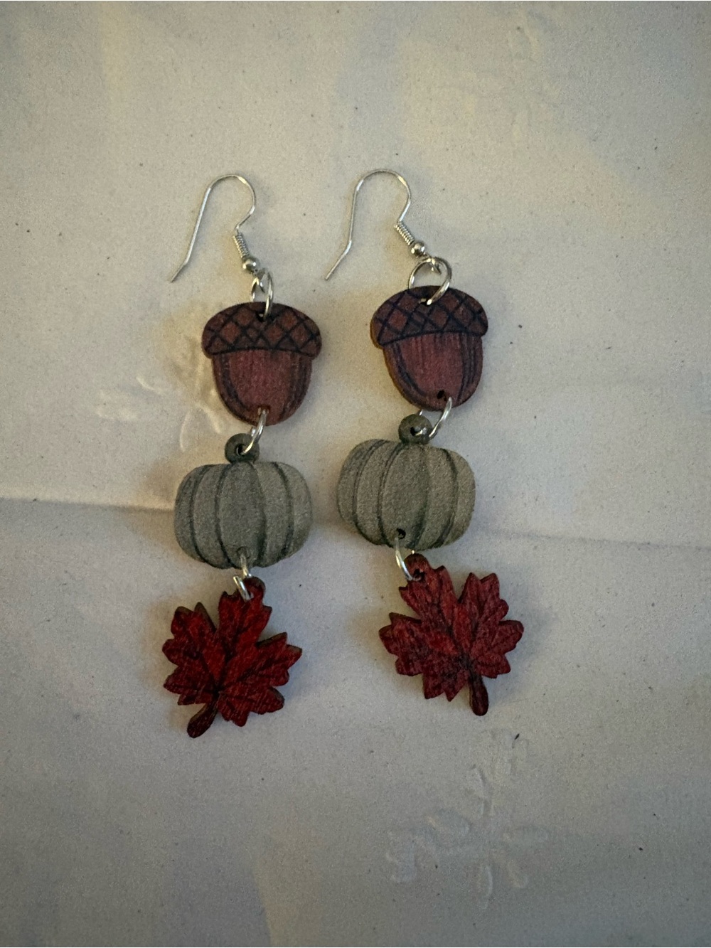 Pumpkin, Autumn Leaf & Acorn Dangle Earrings - Red, Gray, Brown